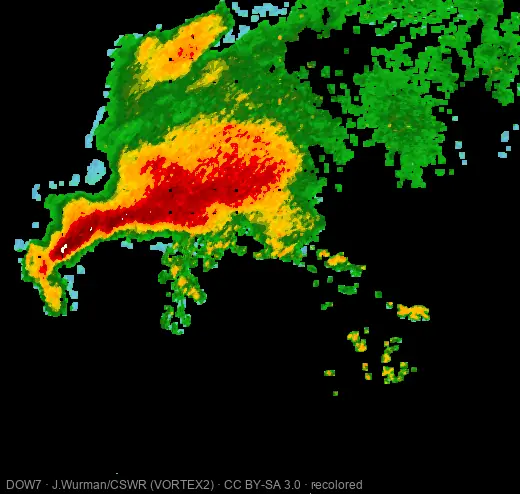 Doppler on Wheels reflectivity of the Goshen County, Wyoming tornado, recolored to the n0q scale
